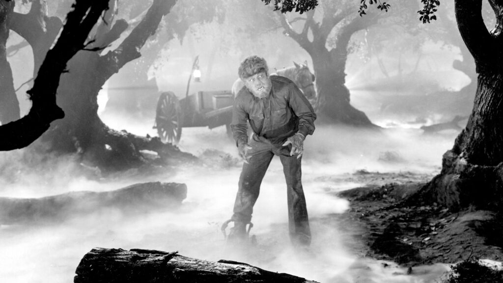 A film still from The Wolf Man with Lon Chaney Jr.