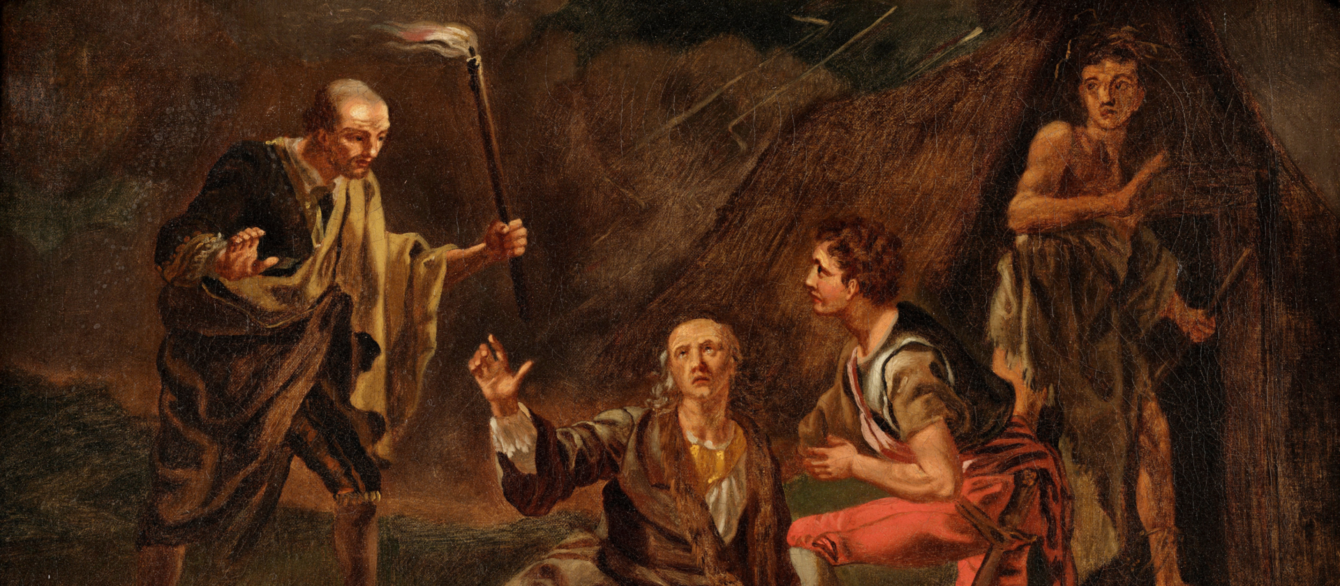 Dark-toned historical painting depicting several figures gathered around a torchlight scene in a wooded setting.