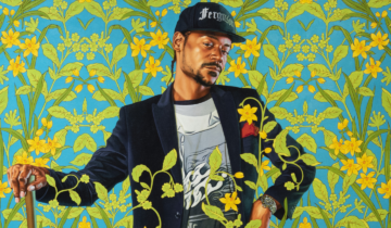 Portrait of a man in a cap standing against a vibrant floral background, blending realistic portraiture with decorative botanical patterns.