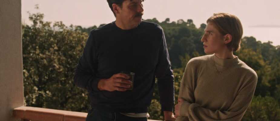 A man and woman stand on a balcony overlooking trees and countryside in a scene from Affection Affection.