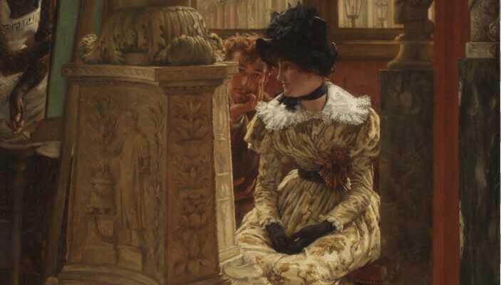 James Tissot (France, 1836-1902), In the Louvre (L'Esthetique), 1883-1885, oil on canvas, 58 1/16 x 39 3/8 in. (147.4 x 100 cm), Museo de Arte de Ponce. The Luis A. Ferré Foundation, Inc.